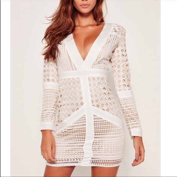 white long sleeve plunge dress